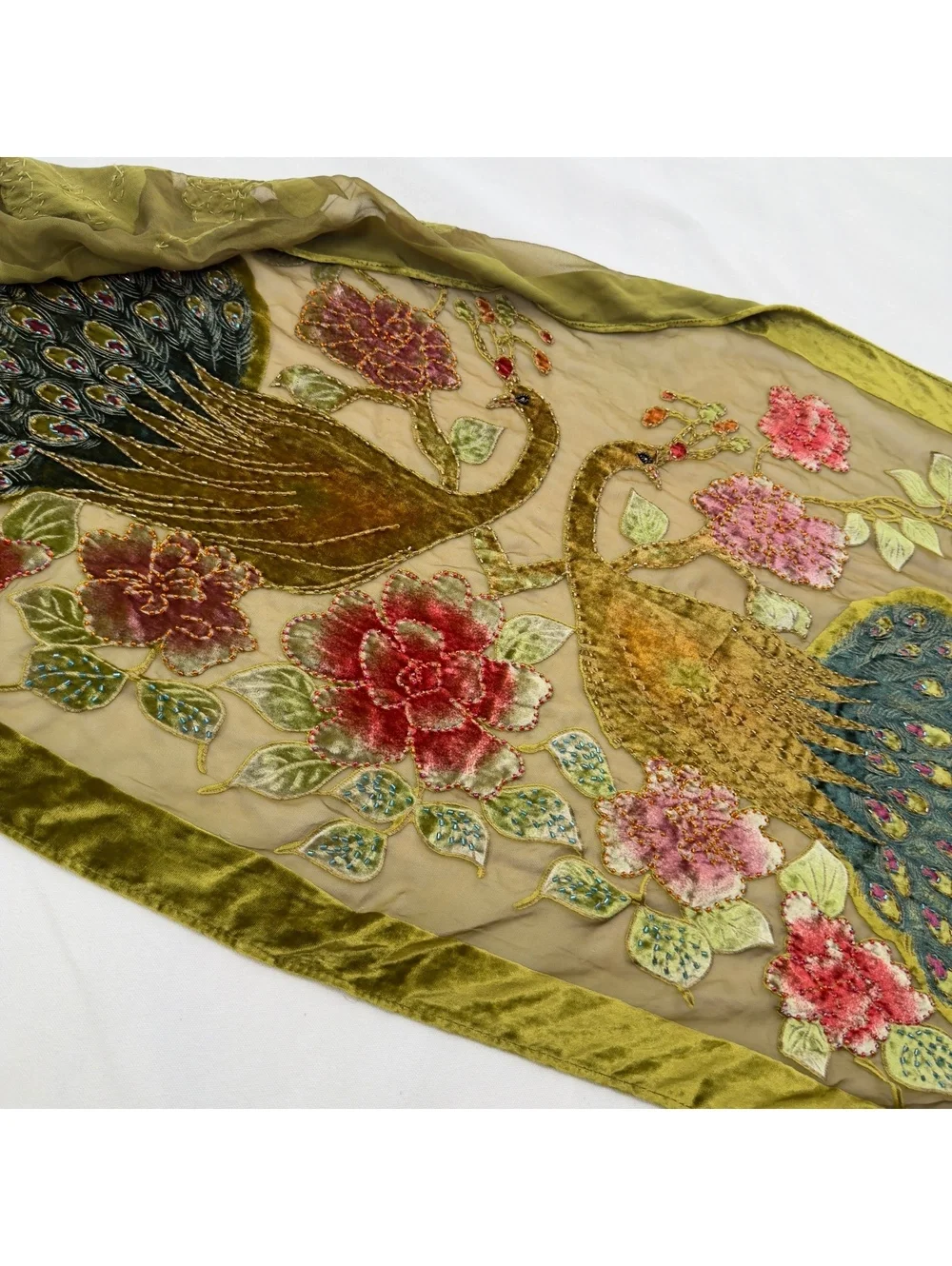 %100 SILK Vintage Beaded Velvet Peacock Scarf Wrap Shawl Olive Green Whimsigoth